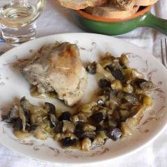 Pollo con melanzane e porro