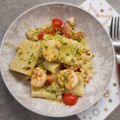PACCHERI CON PESTO DI PISTACCHI E GAMBERI