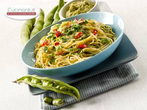 Spaghetti con Fave e Borragine